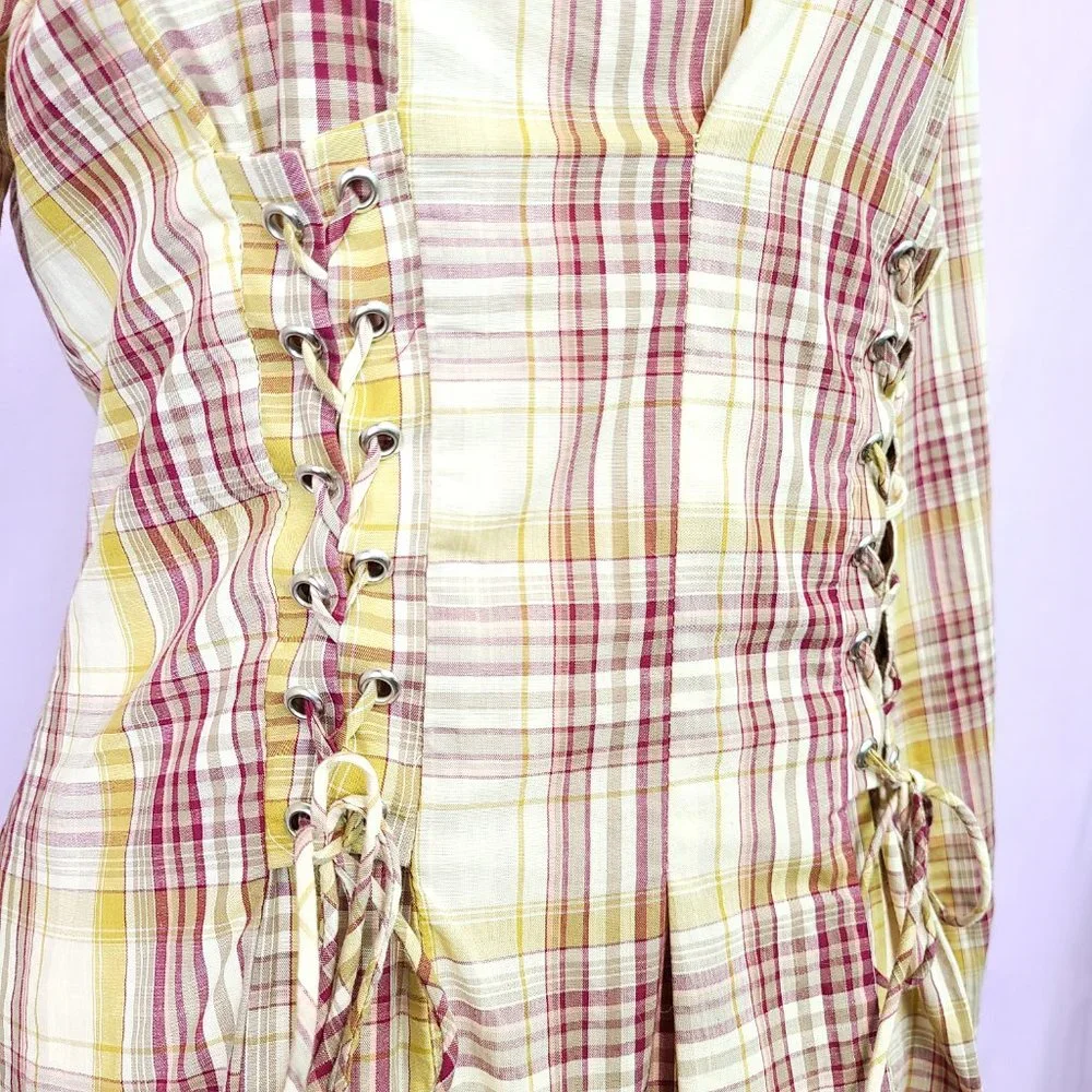 Anthropologie Guest Editor tan gingham blouse w/ corset detail - Picture 3 of 4